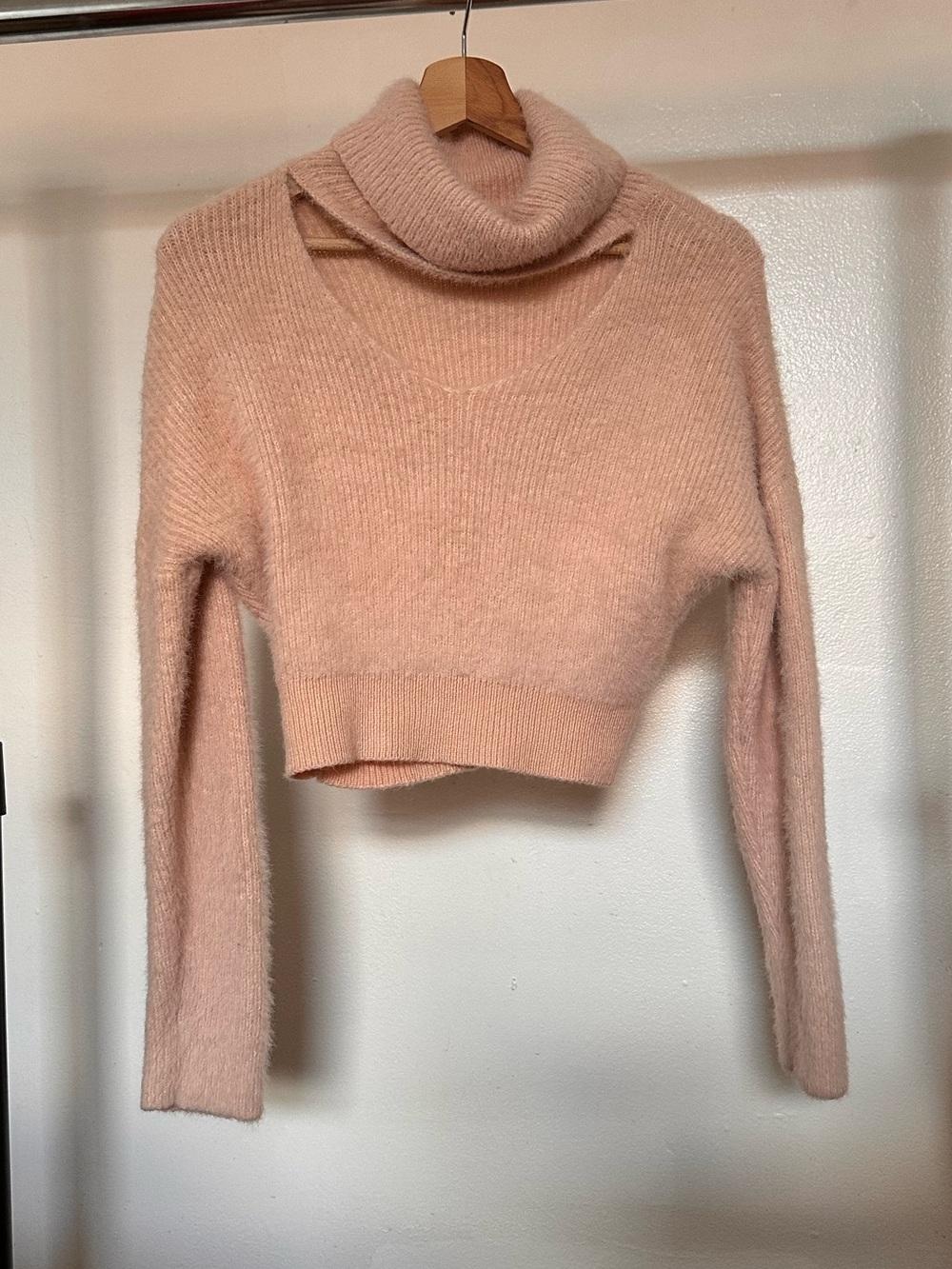 AKIRA Cropped Fuzzy Turtleneck Sweater in Blush Pink